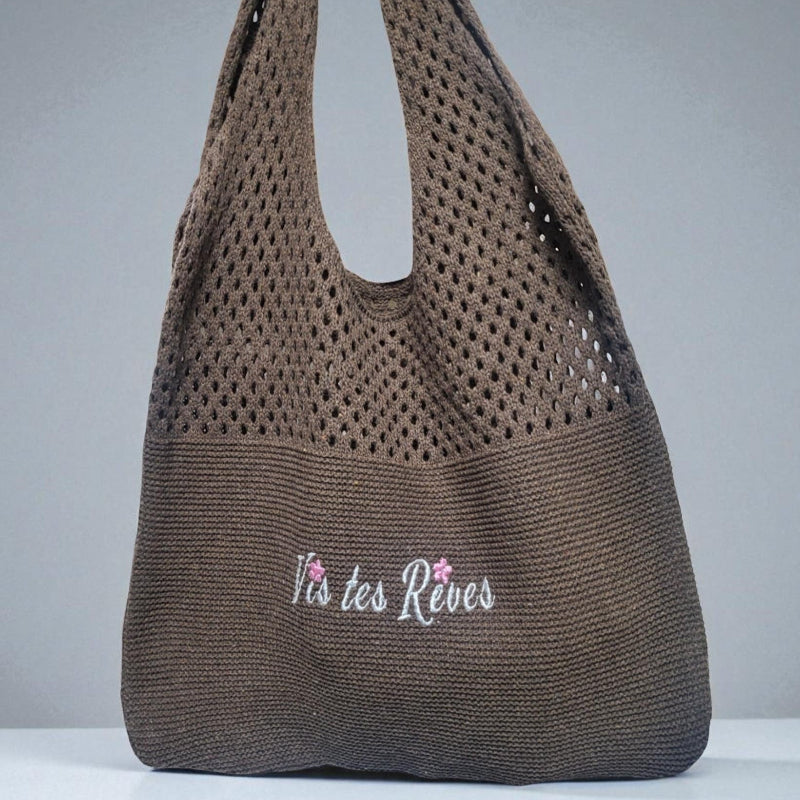 Knitted Wool Tote Bag Brown Vis Tes Rêves
