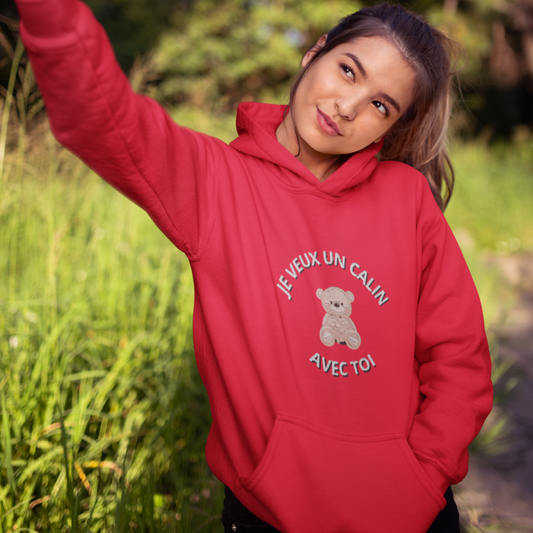 Hoodie Red Je Veux un Calin Avec Toi Teddy Bear