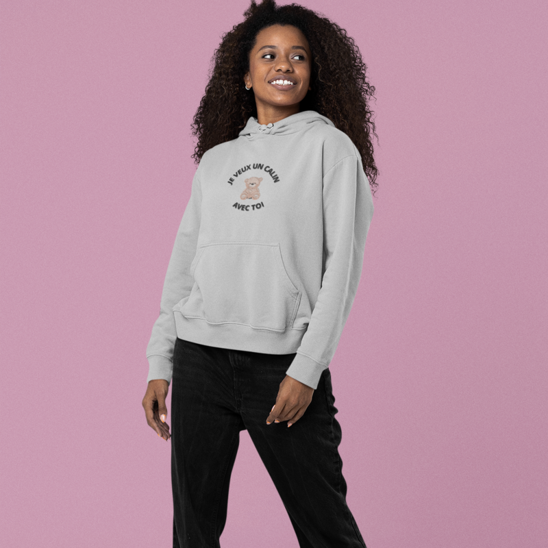 Hoodie Gray Je Veux un Calin Avec Toi Teddy Bear