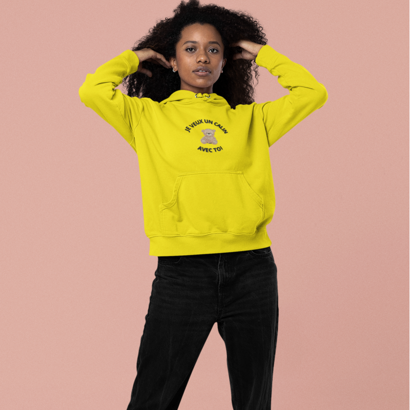 Hoodie Yellow Je Veux un Calin Avec Toi Teddy Bear