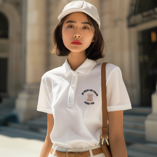 Polo Shirt White Je Veux un Calin Avec Toi Teddy Bear
