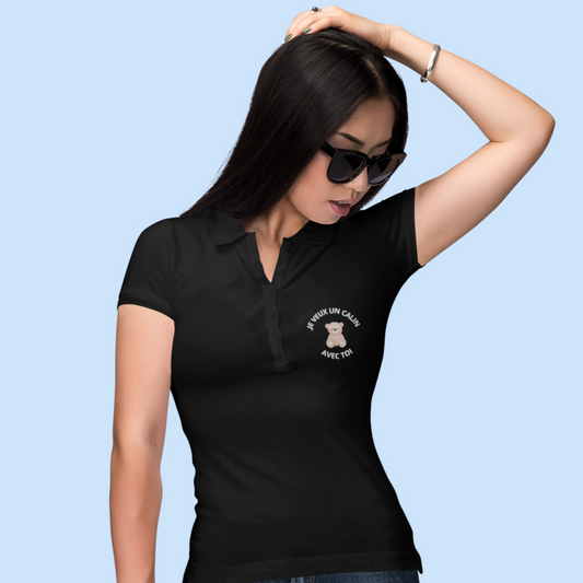 Polo Shirt Black Je Veux un Calin Avec Toi Teddy Bear