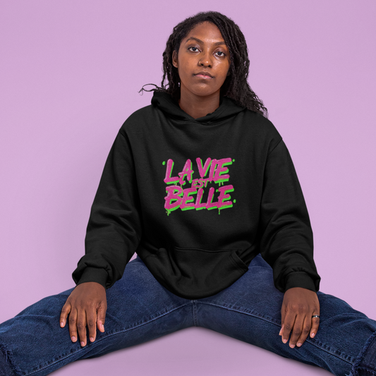 Hoodie Black La Vie Est Belle Pink Green