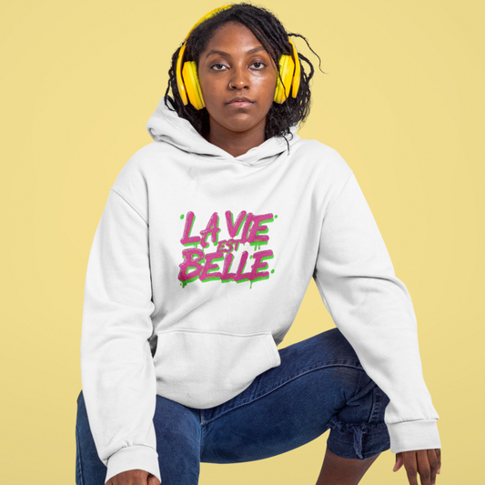 Hoodie White La Vie Est Belle Pink Green