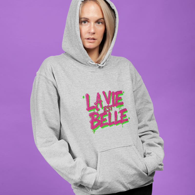 Hoodie Gray La Vie Est Belle Pink Green