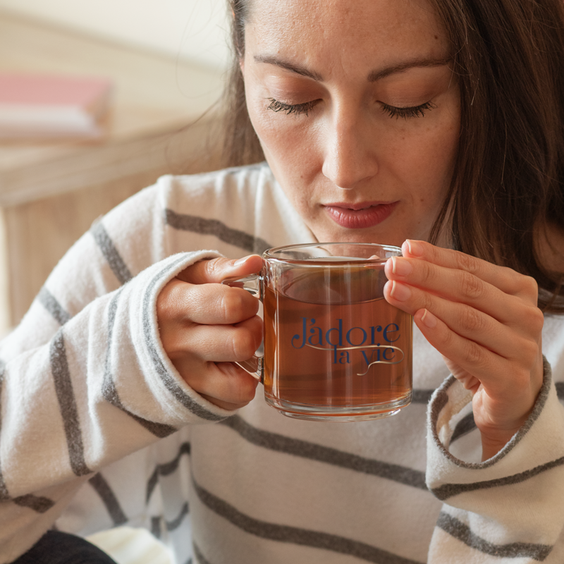 Glass Mug J'Adore la Vie Blue