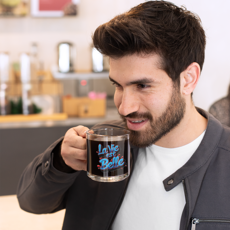 Glass Mug La Vie Est Belle Blue