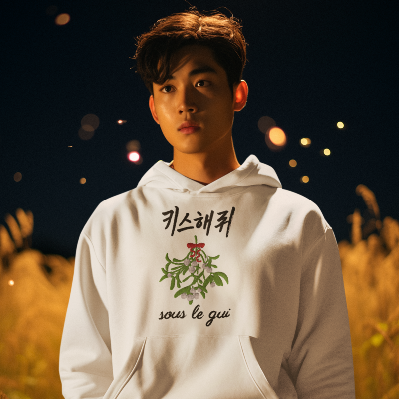 Hoodie White Embrasse Moi Sous Le Gui French and Korean