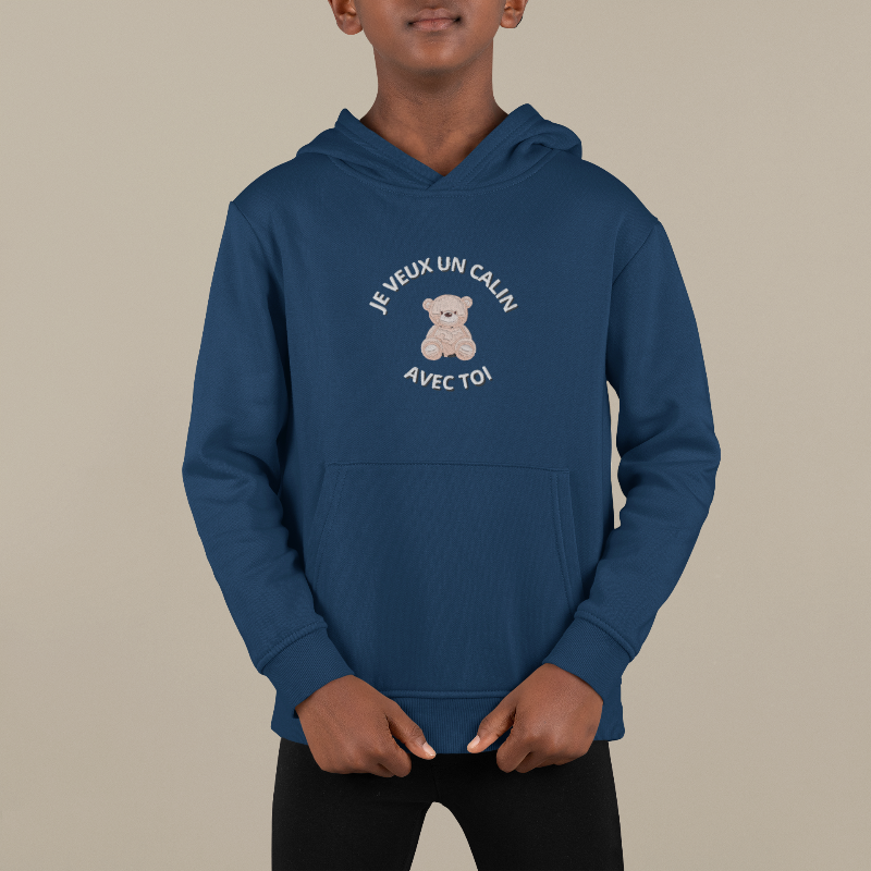 Child Hoodie Navy Teddy Bear Je veux un Calin