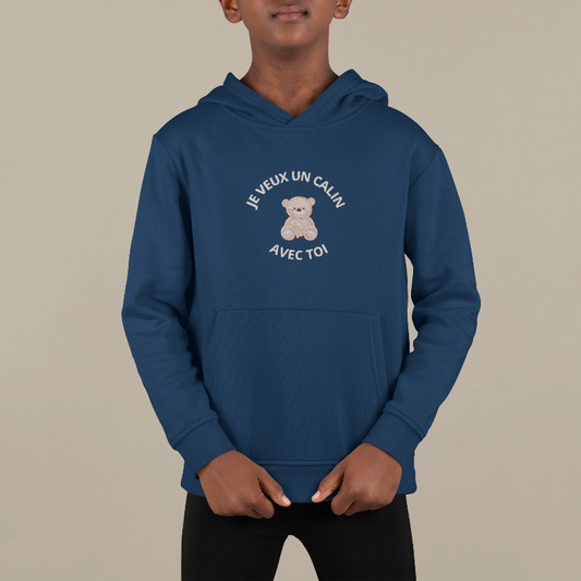 Child Hoodie Navy Teddy Bear Je veux un Calin